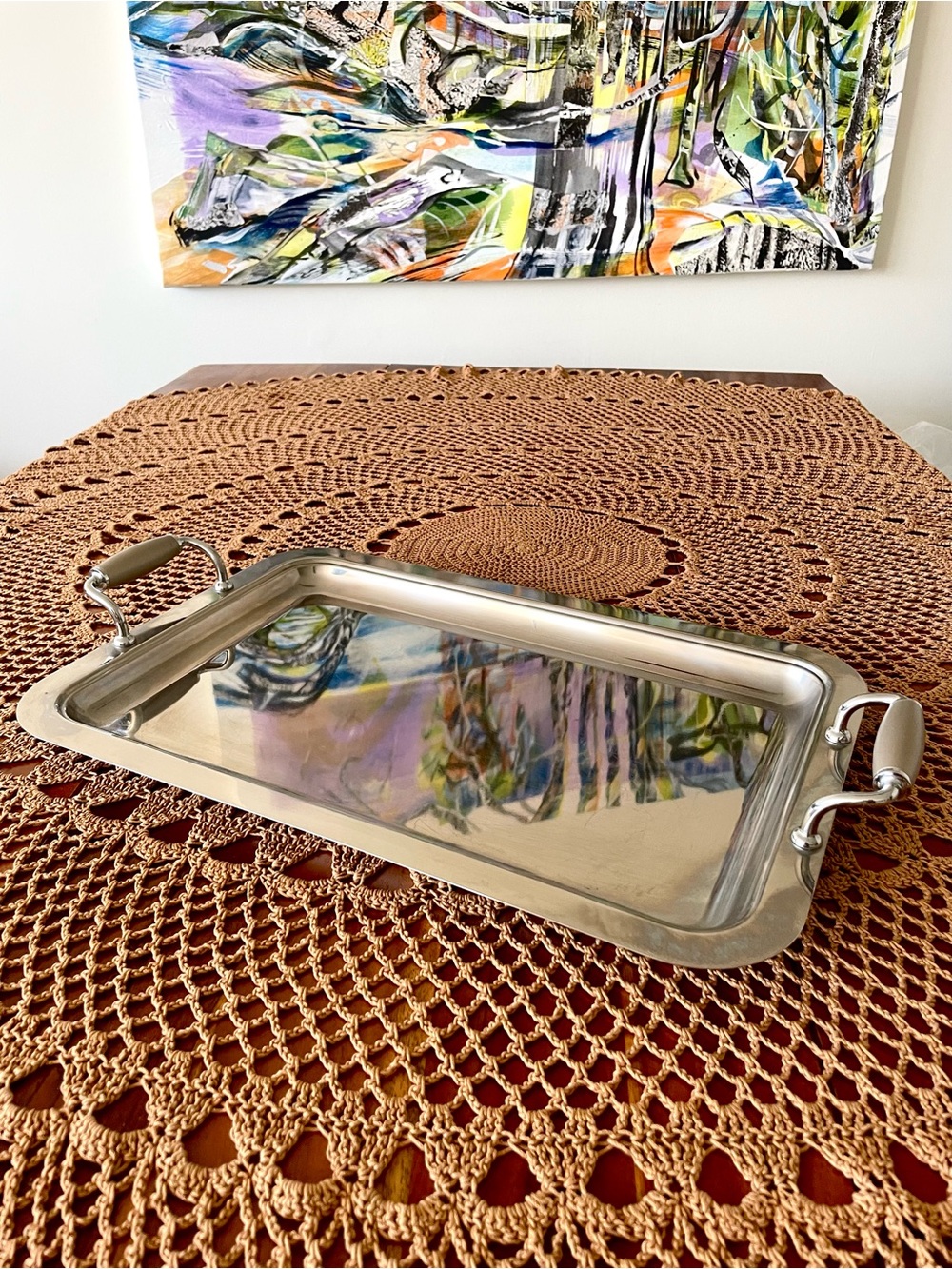 MCM Chrome Serving Tray with Bakelite Handles, Silver 20”